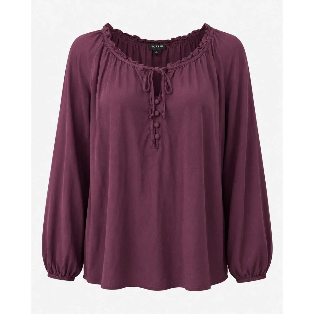 Torrid Women's Size 2 2X Plum Boho Peasant Blouse Tie Neck Bishop Sleeve